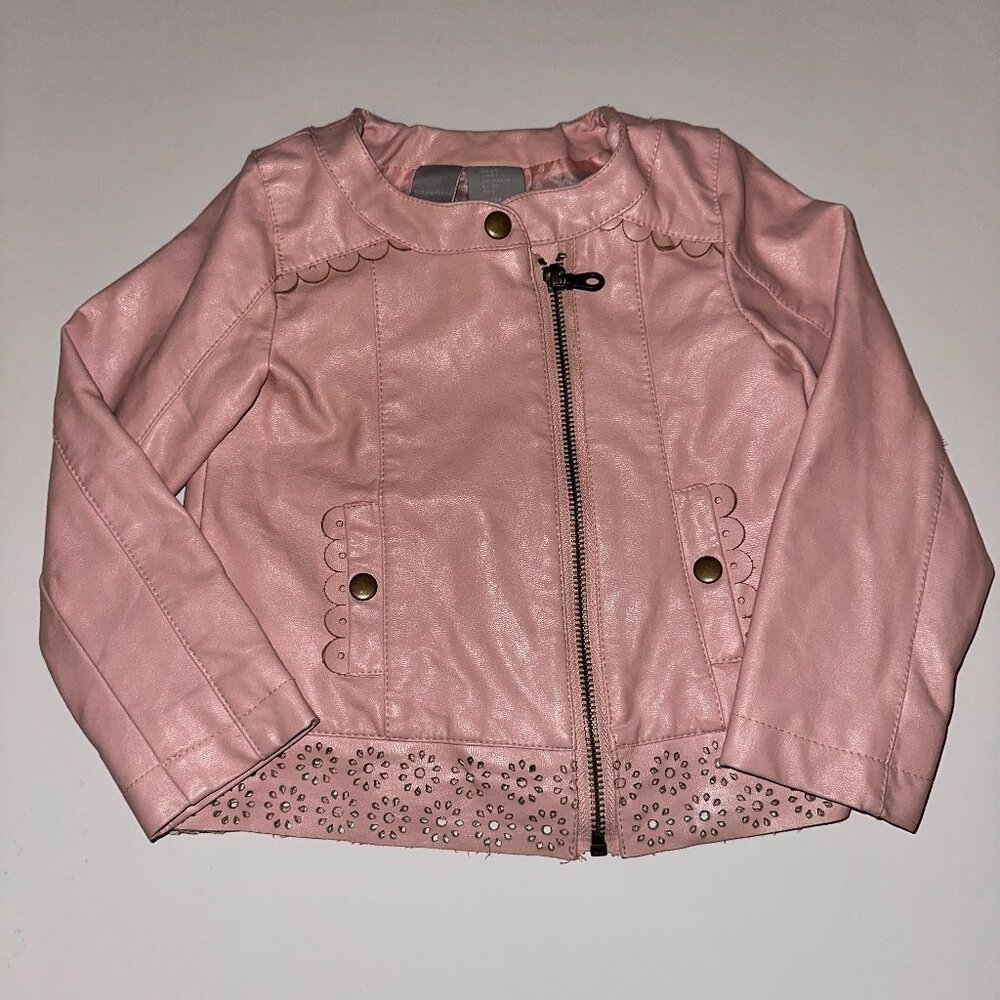 TAHARI Girls Pleather Vinyl Coat Jacket Pink Size 2T punched trim asymmetrical